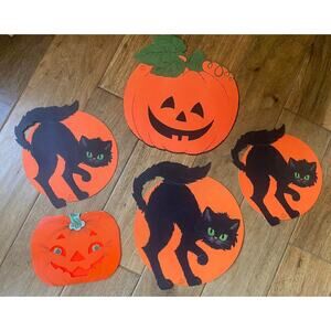 Vintage Halloween Jack-O-Lantern Black Cat Die Cut Decor Hallmark Norcross